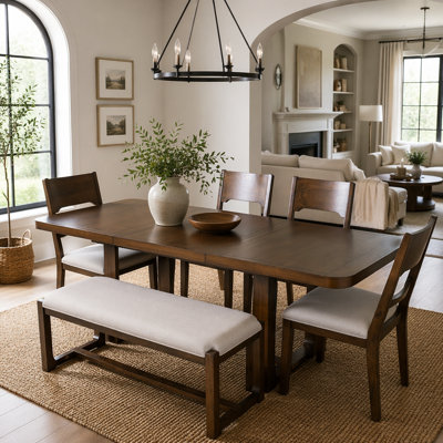 6-Piece Solid Wood Dining Table Set, Extendable Rectangular Dining Room Set with 4 Padded Chairs & Bench, 60"–84" Expandable Tabletop,Brown+Beige Cush