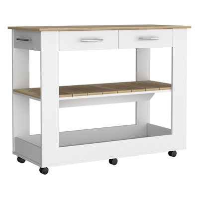 Kitchen Island 46 Inches, Two Drawers, White / Light Oak Finish