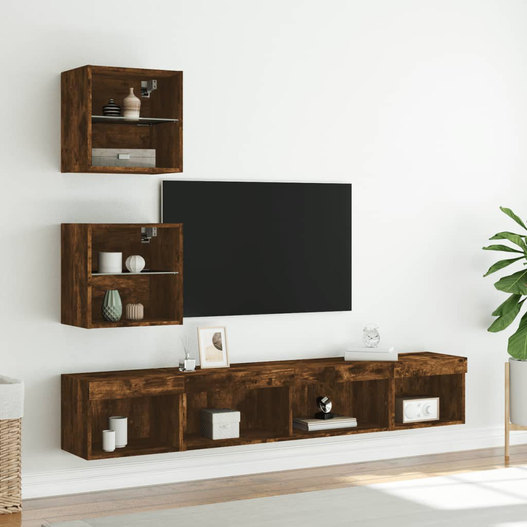 5 Piece TV Wall Units With LED Smoked Oak Engineered Wood