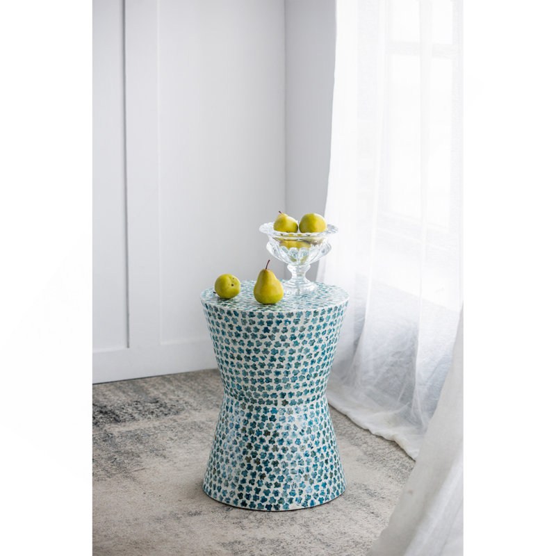 Tabouret de jardin rond fuselé D14 x 20 po, table d'appoint Capiz, bleu
