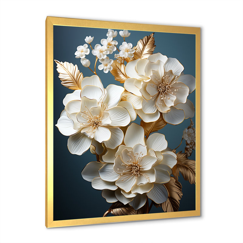 Décoration murale hortensia baroque blanc et or I - Hortensia, H 20 po x l 12 po x P 1 po, Cadre doré simple
