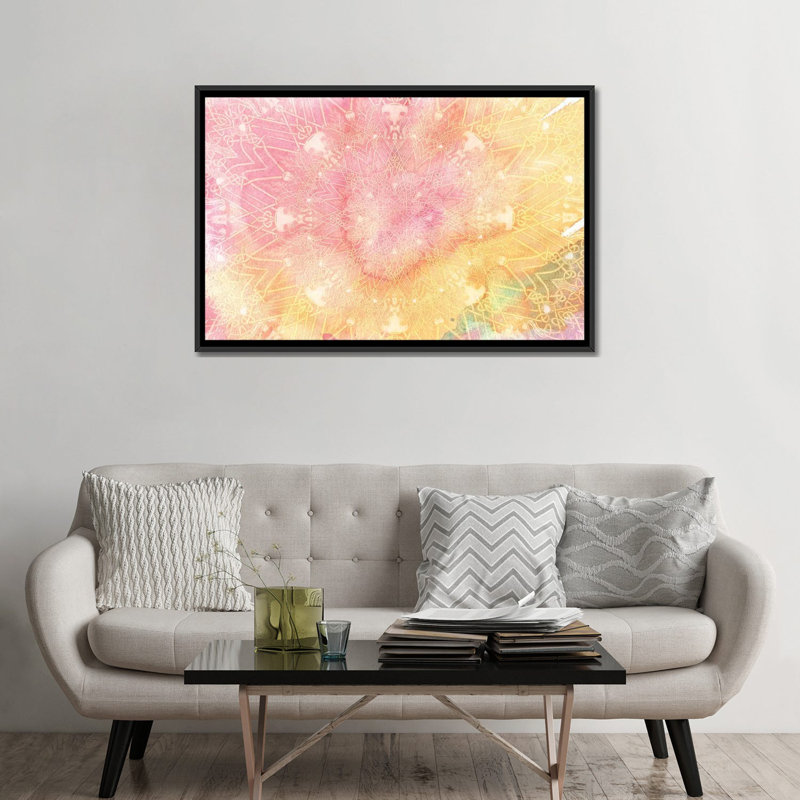 Mandala series : rose limonade, impression sur toile tendue, H 40 po x l 60 po x P 1,5 po, Cadre noir