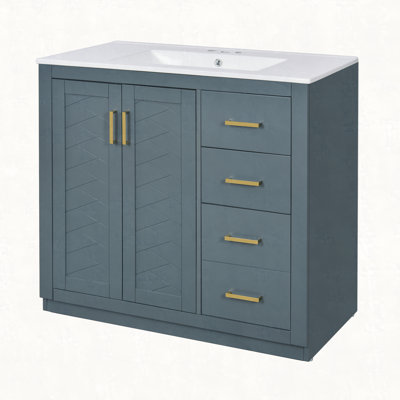 Ensemble de meuble-lavabo 36 po avec lavabo en céramique, armoire de rangement en bois massif, ensemble de meuble-lavabo autoportant avec 3 tiroirs et portes à fermeture douce