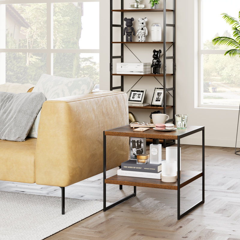 Daviney 2 Piece Living Room Wood Table Set, Square Table With 2 Open Shleves, Brown