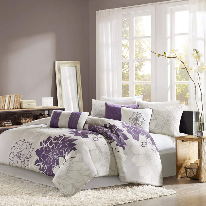California King Gray and Purple Floral Cotton Comforter Set