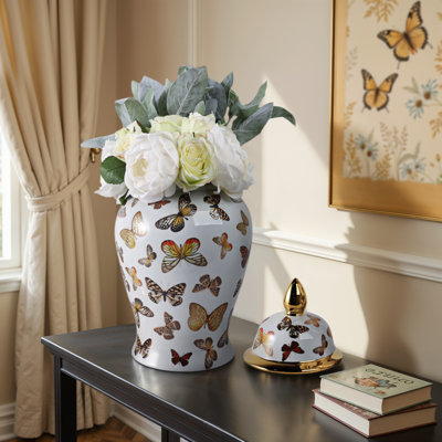 Gherghina Decorative Ceramic Butterfly Design Jar With Lid - Contemporary Tall Table Jar Decor - Versatile Jar Or Vase For Flowers In Living Room