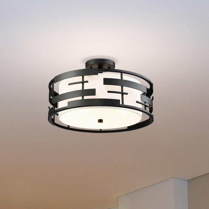 Nuvo Lansing 3-Light Semi-Flush Mount Ceiling Fixture With Fabric Shade & Opal Glass Diffuser