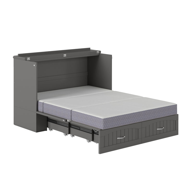 Fabiano Storage Murphy Bed with 6" Mattress, Storage and Built-in Charger, Gray, Full/Double