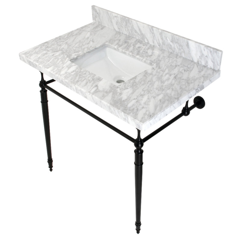 Kingston Brass Edwardian 36-Inch Carrara Marble Console Sink with Brass Legs (8-Inch, 3-Hole), Marble White/Matte Black