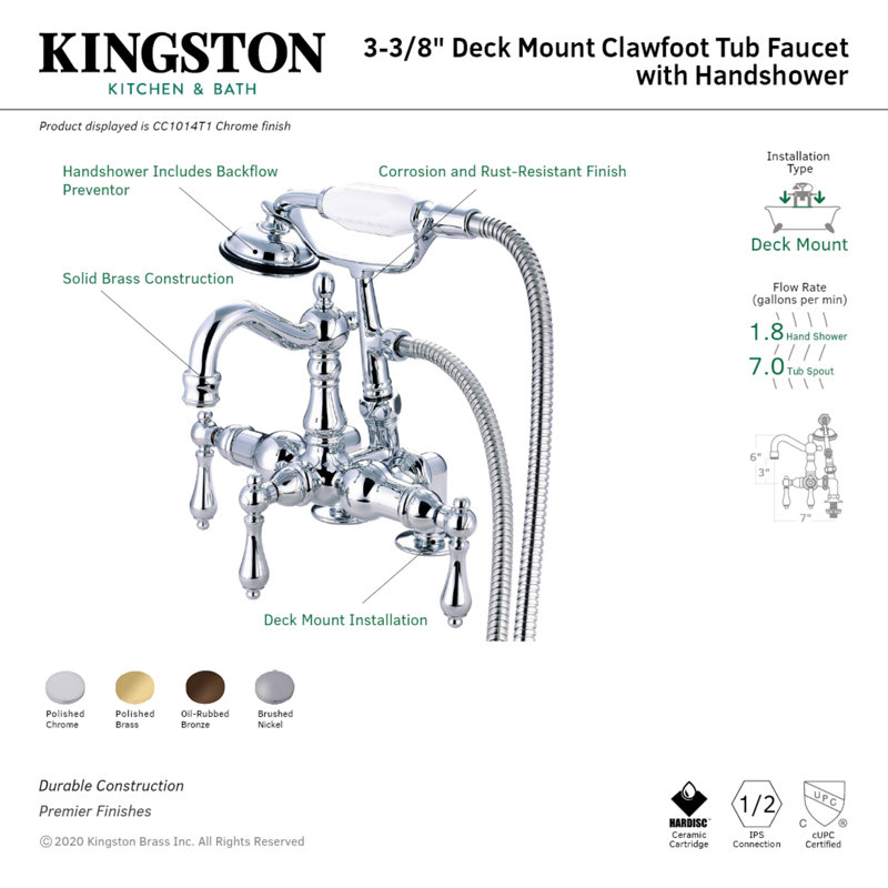 Kingston Brass Vintage Three-Handle 2-Hole Deck Mount Clawfoot Tub Faucet with Hand Shower, Polished Brass