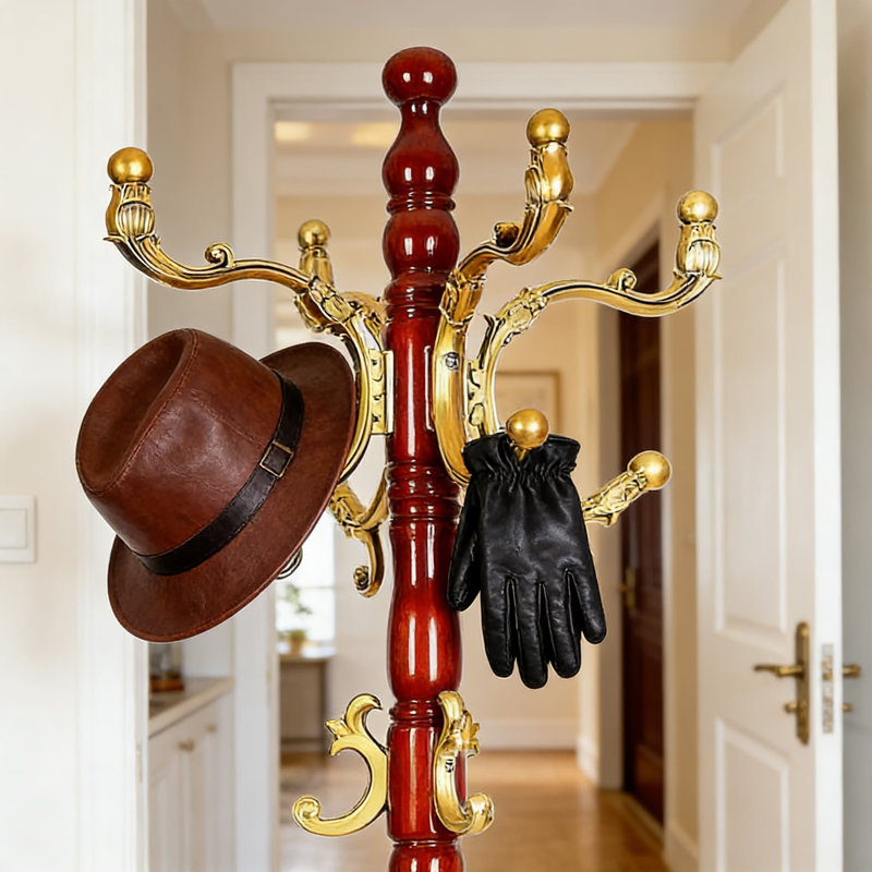 Freestanding Coat Rack With 14 Hooks, Sturdy Wooden Tree Design And Stable Disc Base For Entryway, Home Office, And Hallway Organization