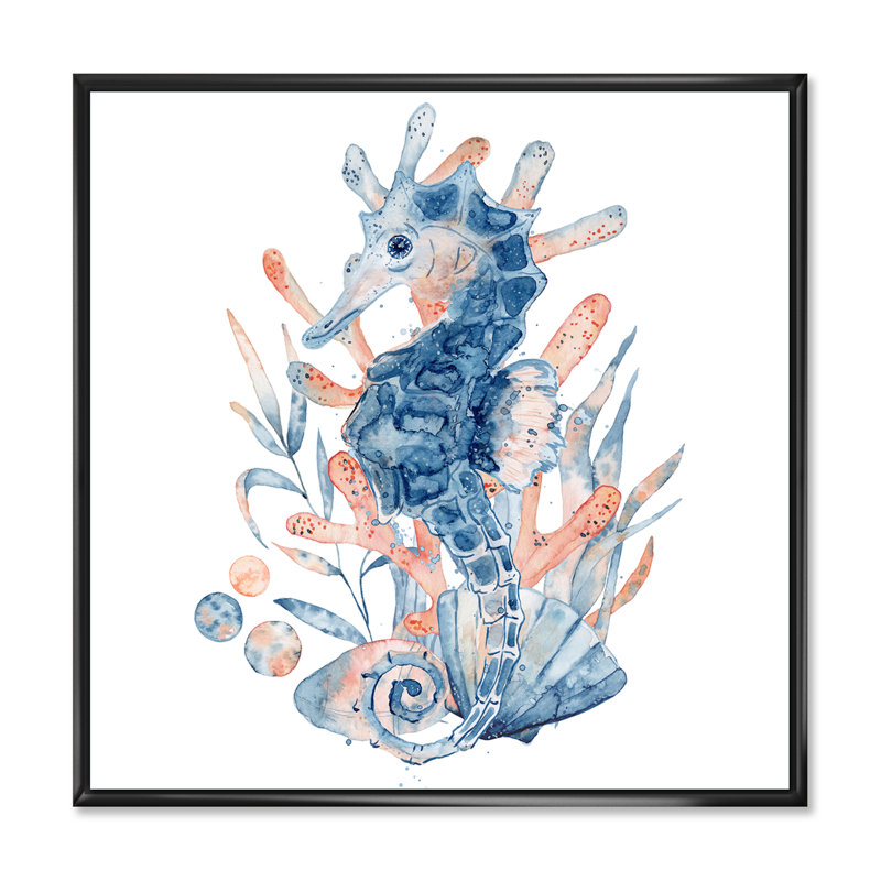 22_Hippocampe en bleu avec composition florale - impression sur toile nautique et côtière, H 36 po x l 36 po x P 1 po