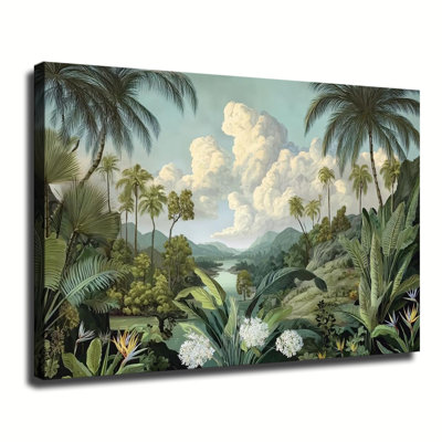 Vintage Tropical Jungle Landscape With Palm Trees And Lush Foliage, Large Gallery Wrapped Canvas Wall Art Print For Living Room Bedroom