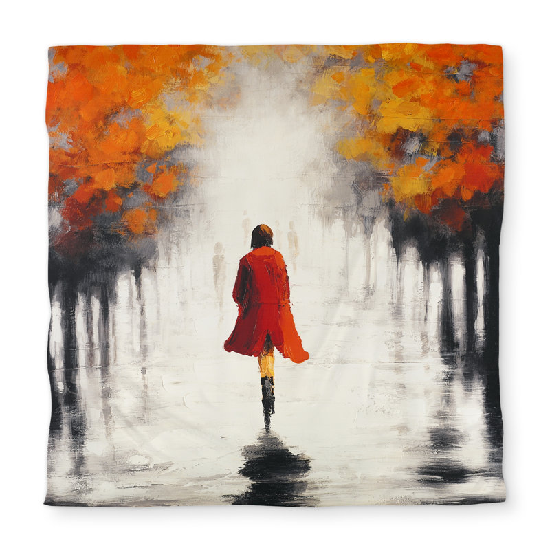 Woman with Red Coat Fall Duvet Cover - Trees Romantic Beige