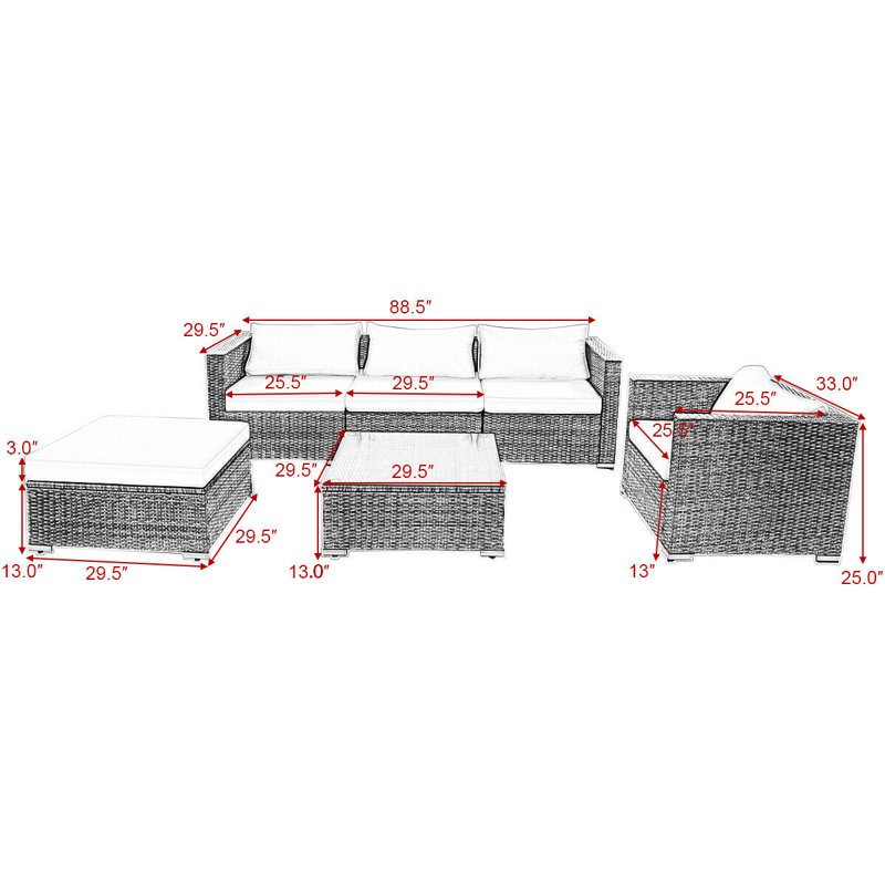 Ensemble de conversation modulaire en rotin 6 pièces avec coussins Biarritz, blanc