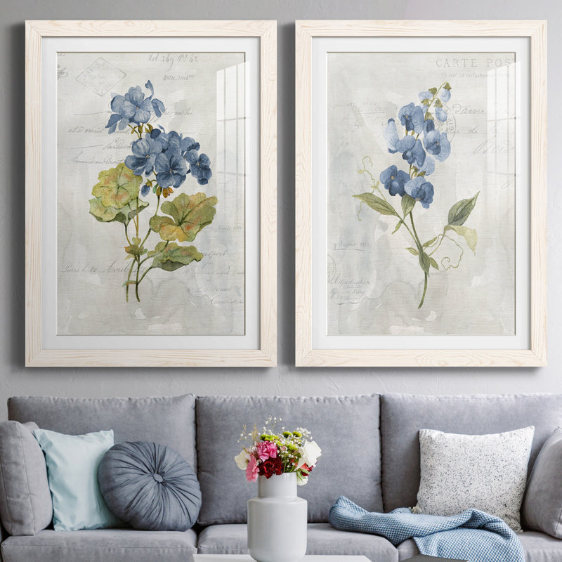 Lin bleu géranium - ensemble de 2 reproductions d'art, Impression encadrée avec passe-partout, H 44 po x l 31 po, Blanc
