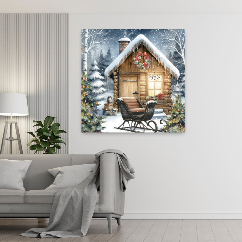 Cabane de Noël avec traîneau et art de Noël d'hiver, H 48 po x l 48 po
