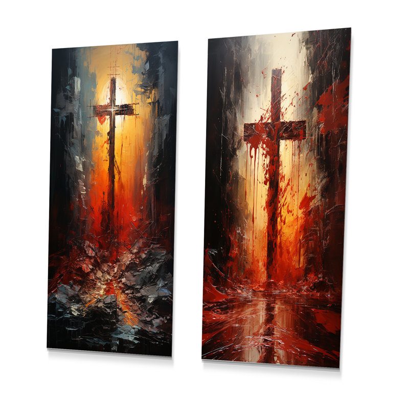 Croix au  sang rouge collage - Christianisme, ensemble de 2 reproductions d'art mural en métal, H 32 po x l 32 po