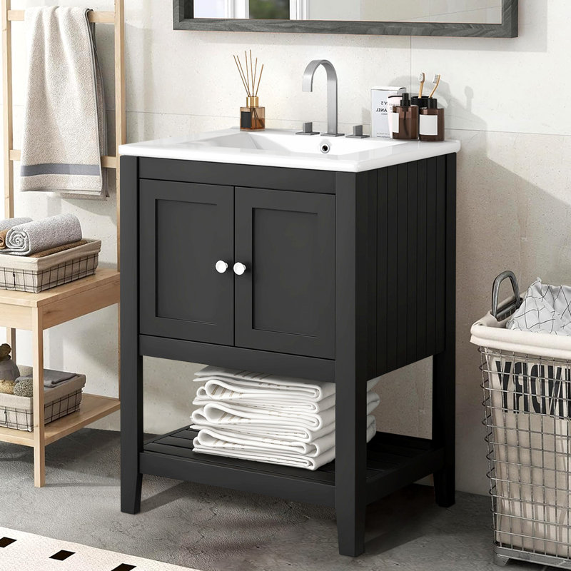 24'' Single Bathroom Vanity with Ceramic Top, Black / White