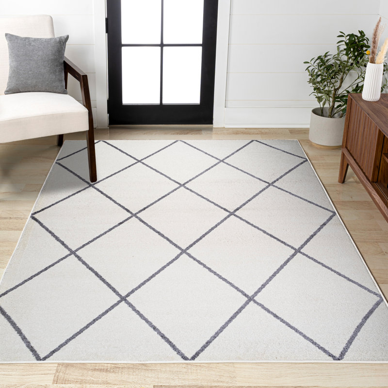 Tapis blanc / gris à motif de losanges minimalistes Bertrice, Rectangle 3 pi x 5 pi