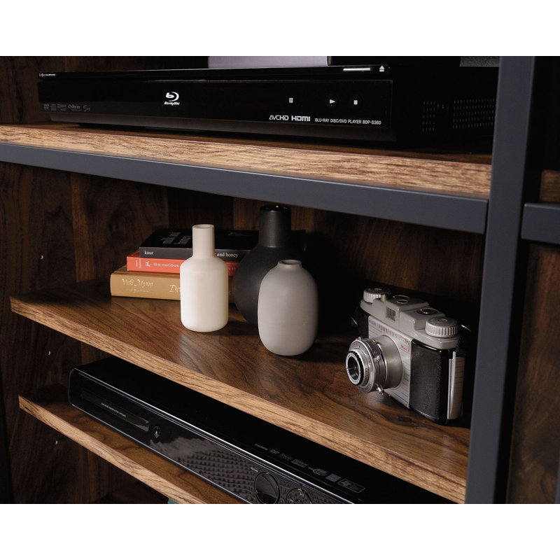 Grand Walnut and Black Metal TV Stand with Adjustable Shelves