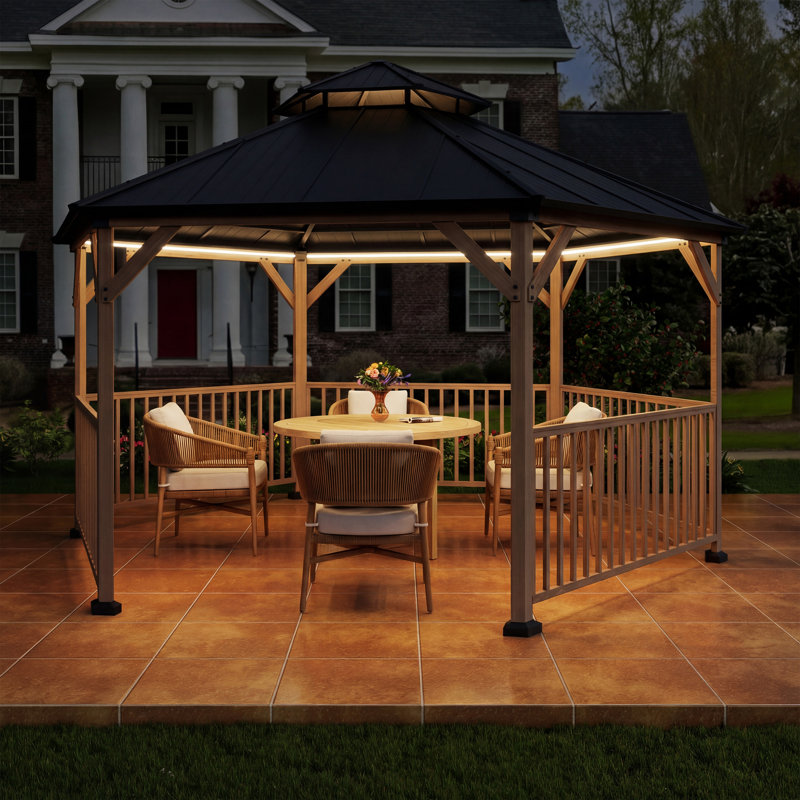 15Ft Hexagon Fir Wood Gazebo With Solar LED Light And Fence