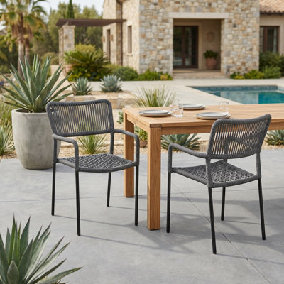 Venice Set of 2 Stackable Outdoor Patio Chairs - Rust-Resistant Metal & Quick-Dry PP Rope - Full Armrest, No Assembly Required