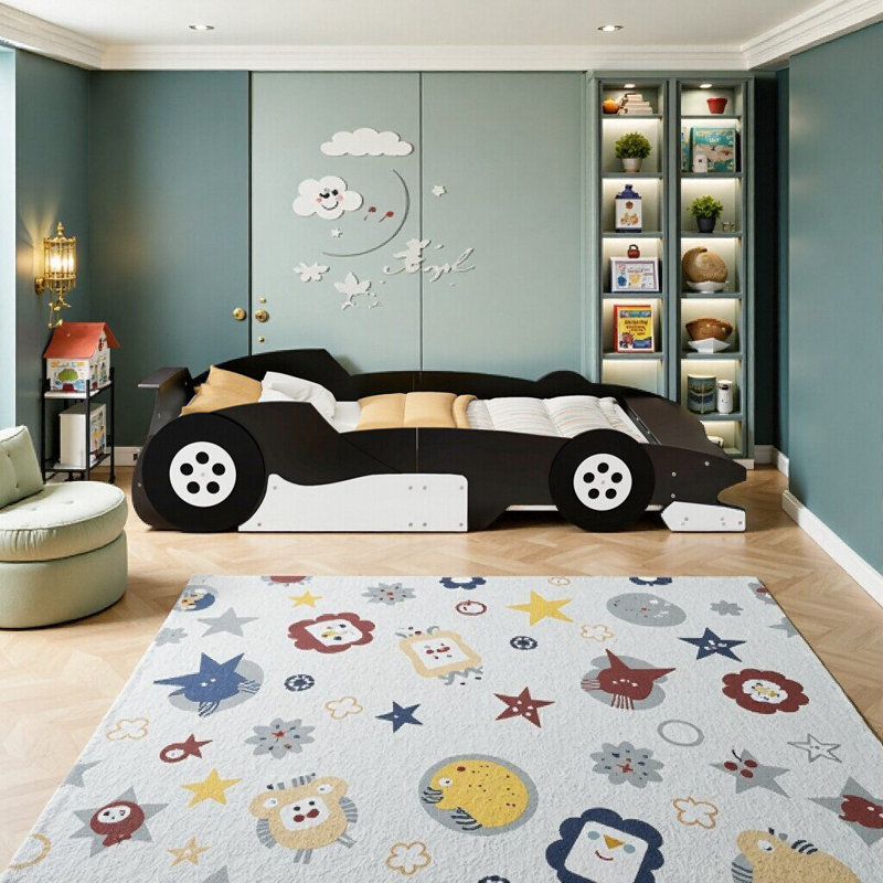 Lit plateforme double en forme de voiture de course avec roues - Design noir élégant pour chambre d'enfant
