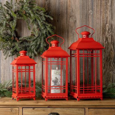 Set of Three Red Geometric Glass And Metal Floor Lantern Candle Holders