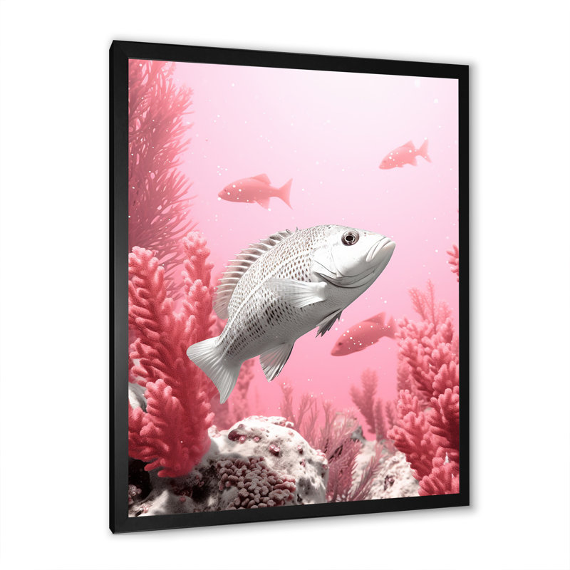 Rampe de poissons monochrome rose et blanche, H 44 po x l 34 po x P 1,5 po, Cadre simple noir