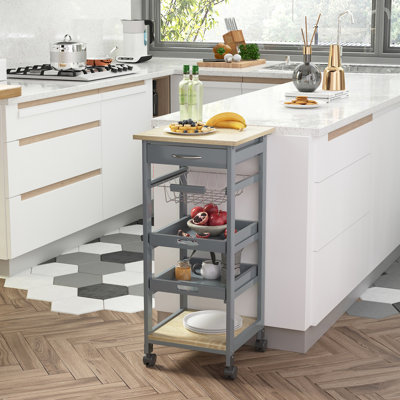 Chariot à roulettes pour îlot de cuisine avec tiroir et panier de rangement mobile