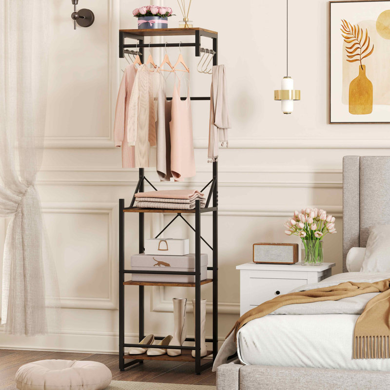 Freestanding Coat Rack with 4 Storage Shelves 6 Hooks & 3 Hanging Rods for Entryway
