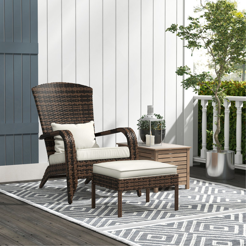 Patio Wicker Adirondack Chair with Ottoman, Outdoor Fire Pit Chair with Cushions, High-Back, Large Seat & Armrests for Deck, Garden & Backyard, Cream White