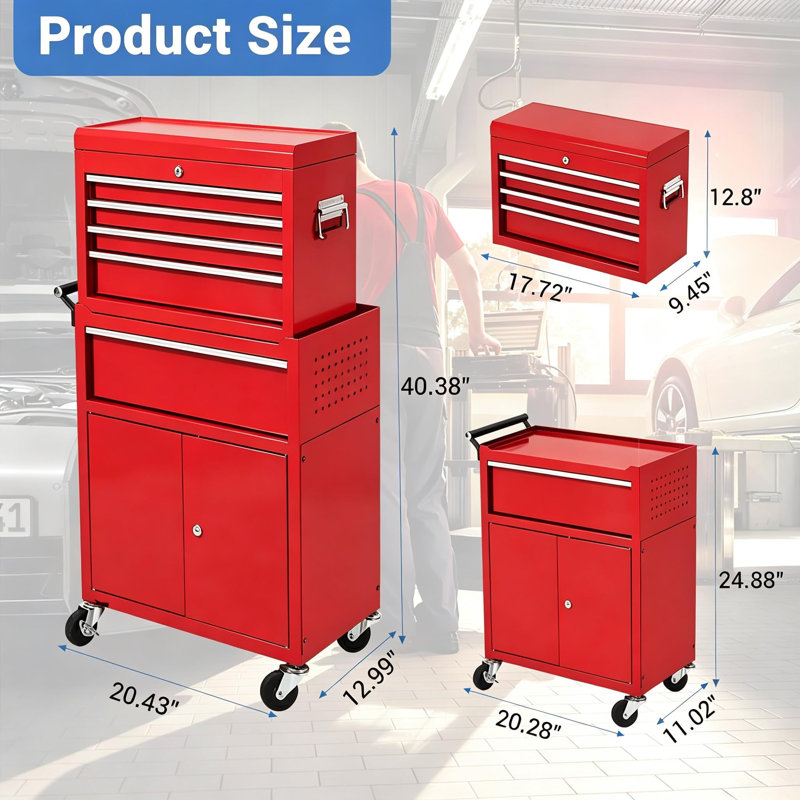 Coffre à outils robuste à 5 tiroirs, armoire à roulettes pour boîte à outils sur roulettes, organisateur de rangement d'outils en métal amovible 2-en-1 pour garage et atelier, chariot à outils verrouillable en acier avec boîte à outils supérieure portable, rouge