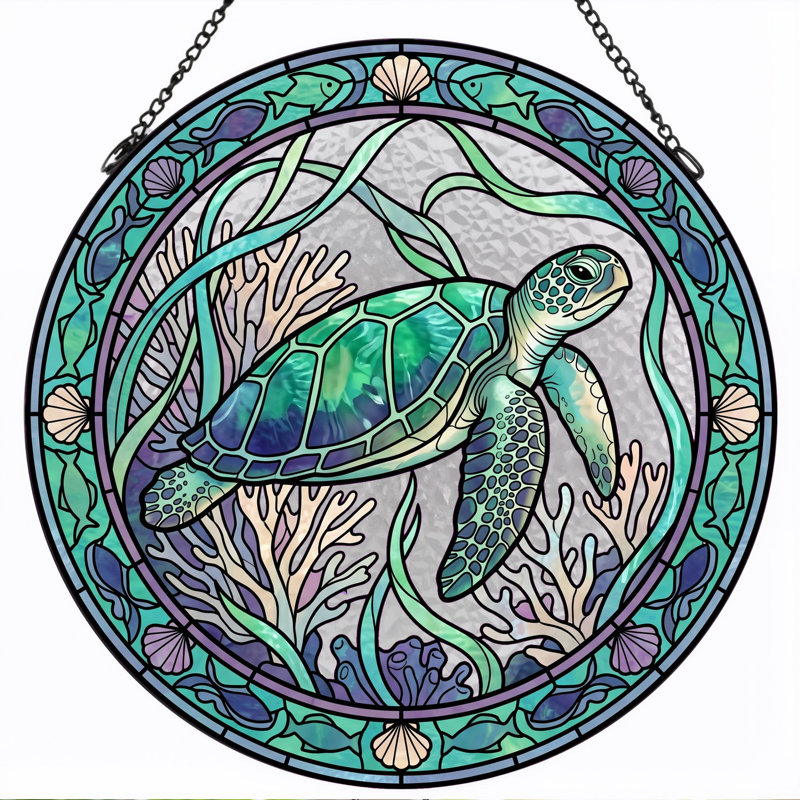 Panneau de vitrail de tortue de mer ， 7,8H, 7.8"H