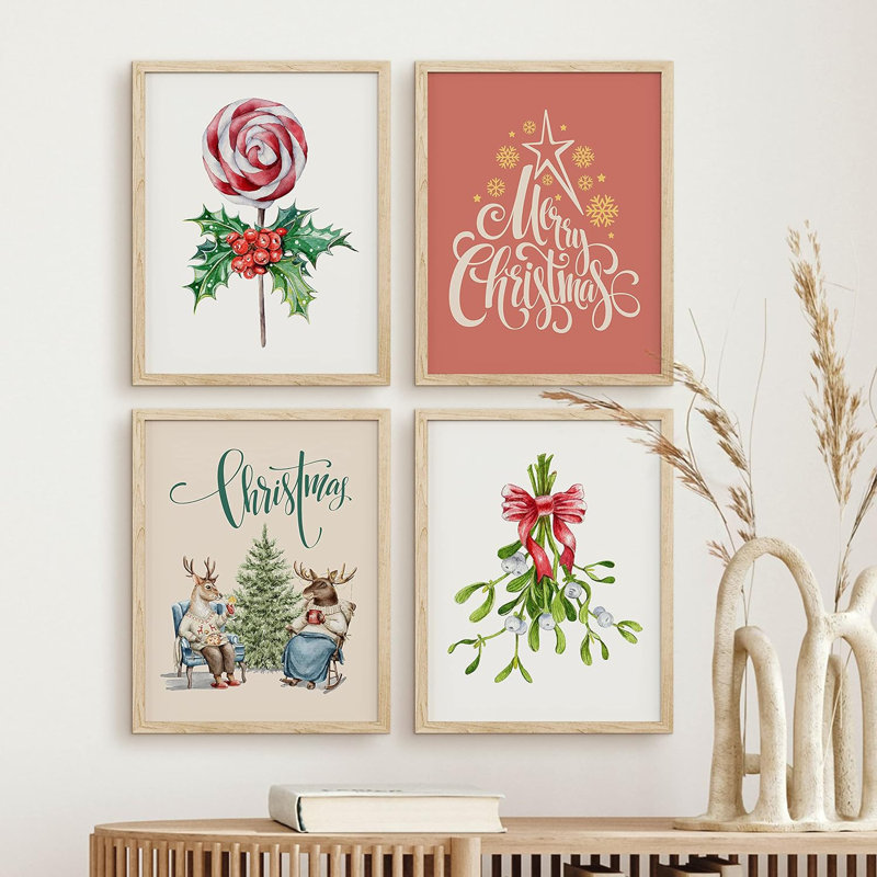 Merry Christmas Candy Cane Presents Tree - ensemble de 4 reproductions de cadres photo simples, Naturel, H 10 po x l 8 po