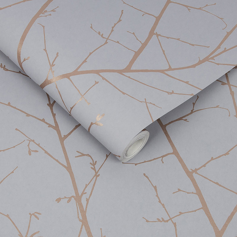 Floral Metallic Wallpaper Double Roll, Gray/Rose Gold