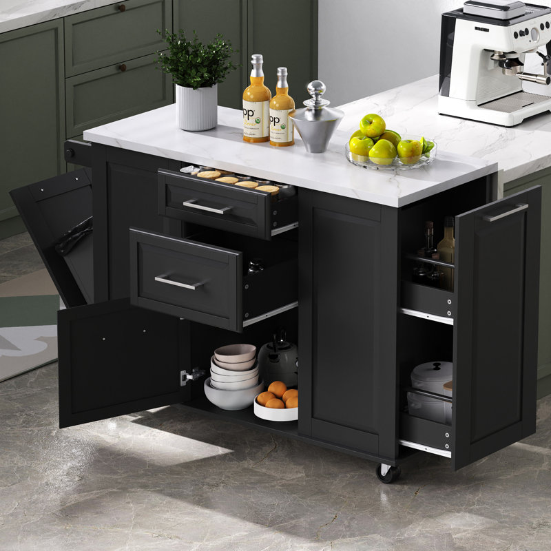 Ardell 50.7" Modern Farmhouse Kitchen Island With Faux Marble Top And Concealed Trash Can, Black