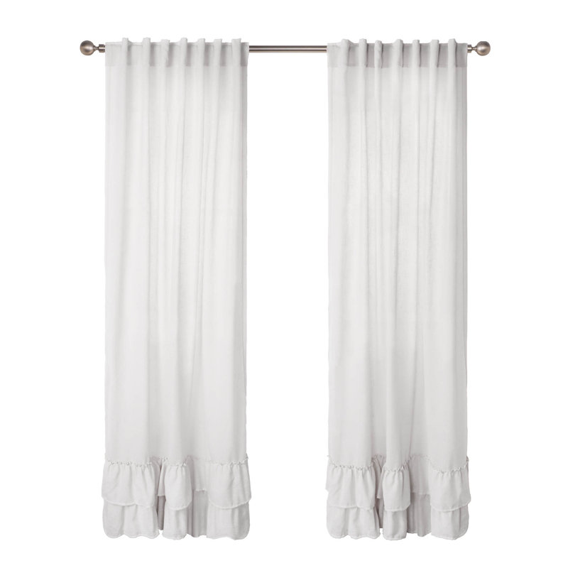 Linen Texture Double Ruffle Semi Sheer Back Tab Pair (2 Panels), White, 52" W x 63" L
