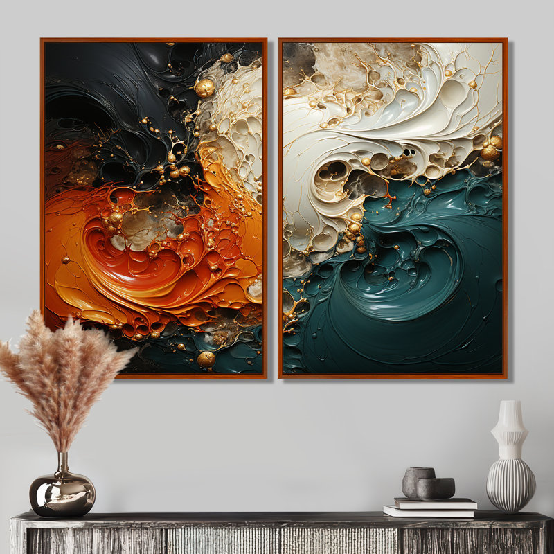 «Orange and Gold Marble Lava II», reproduction d'art sur toile, H 36 po x l 48 po, Impression encadrée flottante, Brun