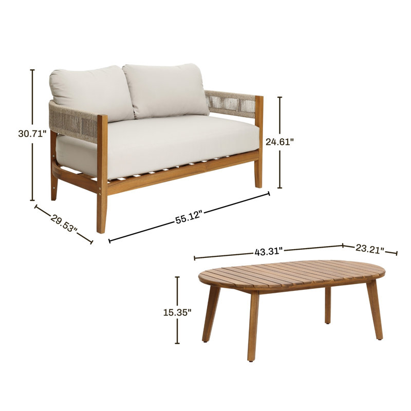 Ensemble de causeuse d'extérieur en bois d'acacia avec côtés en corde avec coussins et table basse