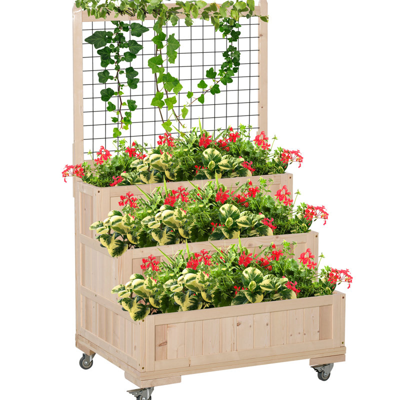 Jardinière surélevée à 3 niveaux avec treillis - Jardinière verticale de 135 cm de haut pour la culture de fleurs, de légumes et d'herbes aromatiques. Bois massif, roulettes de transport, option de rangement à l'arrière. Treillis et caisson en H sur roulettes.