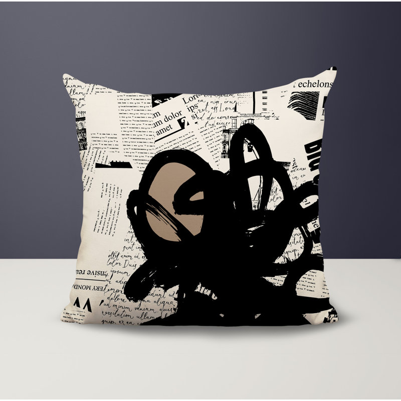 Coussin Cena, Beige / noir / blanc cassé abstrait, H 17 po x l 17 po