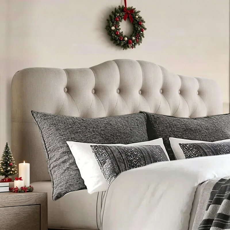 Tête de lit tapissier en lin à hauteur réglable moderne, Beige, Grand lit