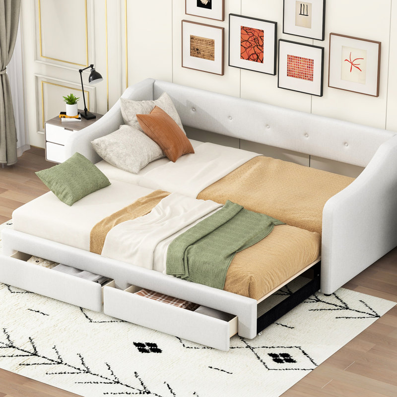Twin Xl To King Size Beige Upholstered Daybed With Two Storage Drawers, Soft And , Wood Slats Support Expandable Optimal Back Arm Support, No Spring Box Needed