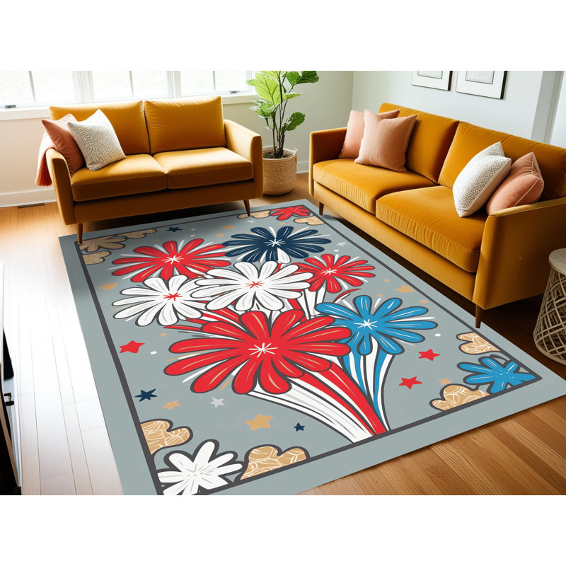 The Holiday Aisle® Washable Indepence Day Firecraker Summer Holiday Rug, Rectangle 3' x 5'