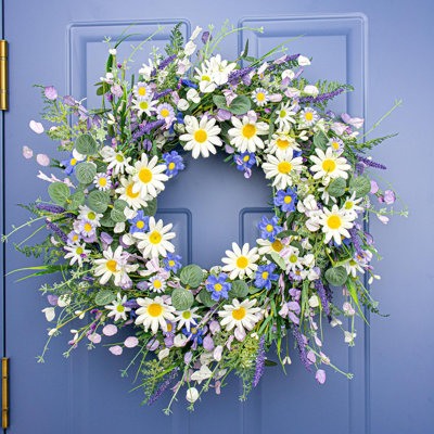 22" Spring Wreath For Front Door, Lavender And White Sunflowers, Indoor Or Outdoor Easter Decor