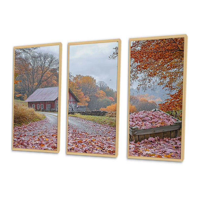 «Red Farm Landscape Autumn Harvest - Ensemble de salon d'art mural de ferme, Toile naturelle avec cadre flottant