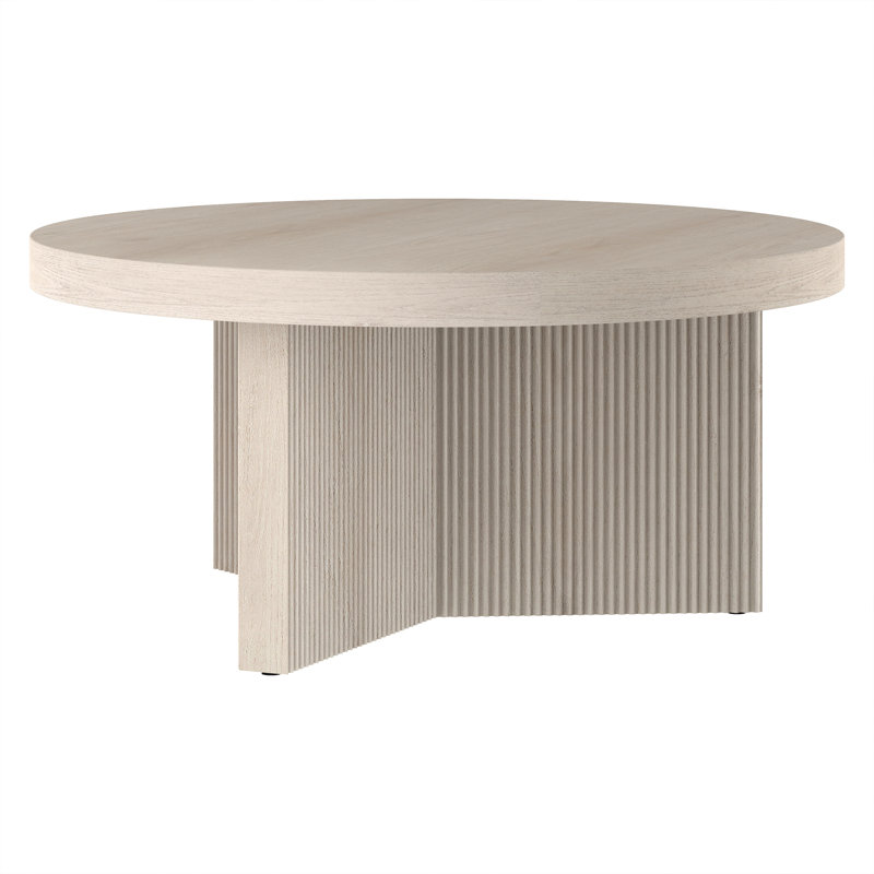 32" Wide Round Coffee Table with Fluted Base — Alder White Scandinavian MDF Center Table for Living Room | Holm, Alder White