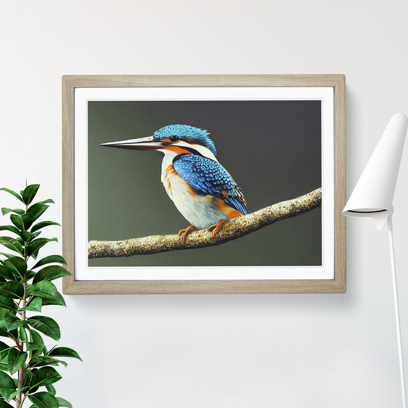 Captivating Kingfisher Bird - Single Picture Frame Print, Oak, 34cm H x 46cm W x 2cm D